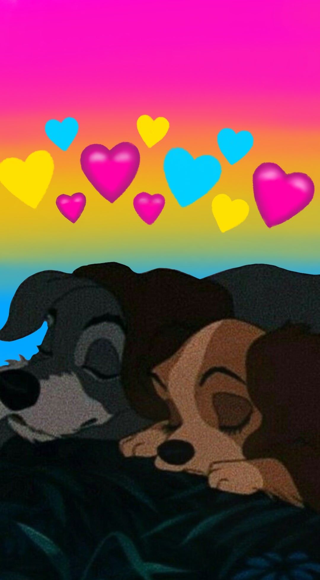 IPhone wallpaper of two dogs cuddling with hearts in the background - Pansexual