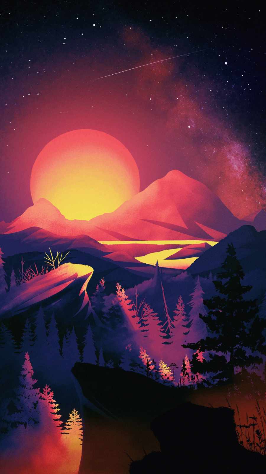 A colorful illustration of a sunset over a mountain range - Sunrise, landscape