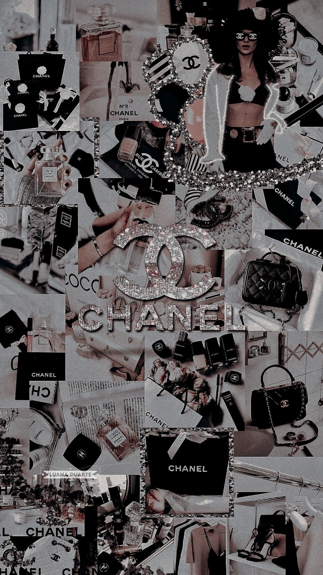 A collage of chanel products and logos - Chanel