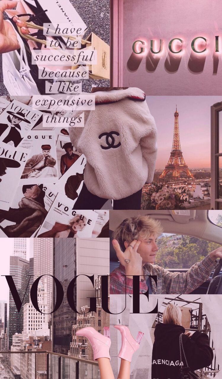 A collage of pictures with the words vogue on them - Chanel, Gucci