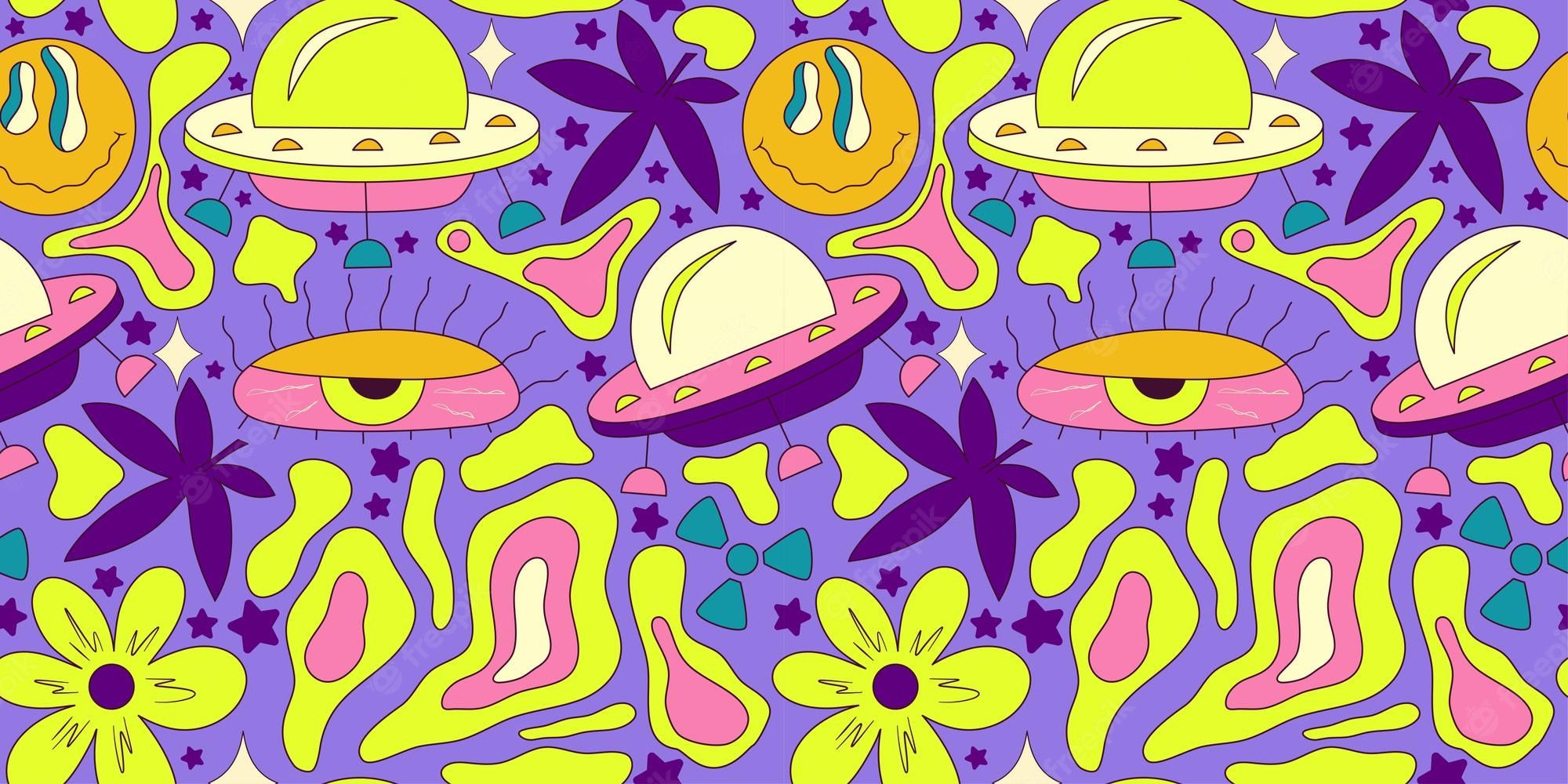 A purple background with yellow and purple illustrations of flowers, planets, and eyes. - Smile