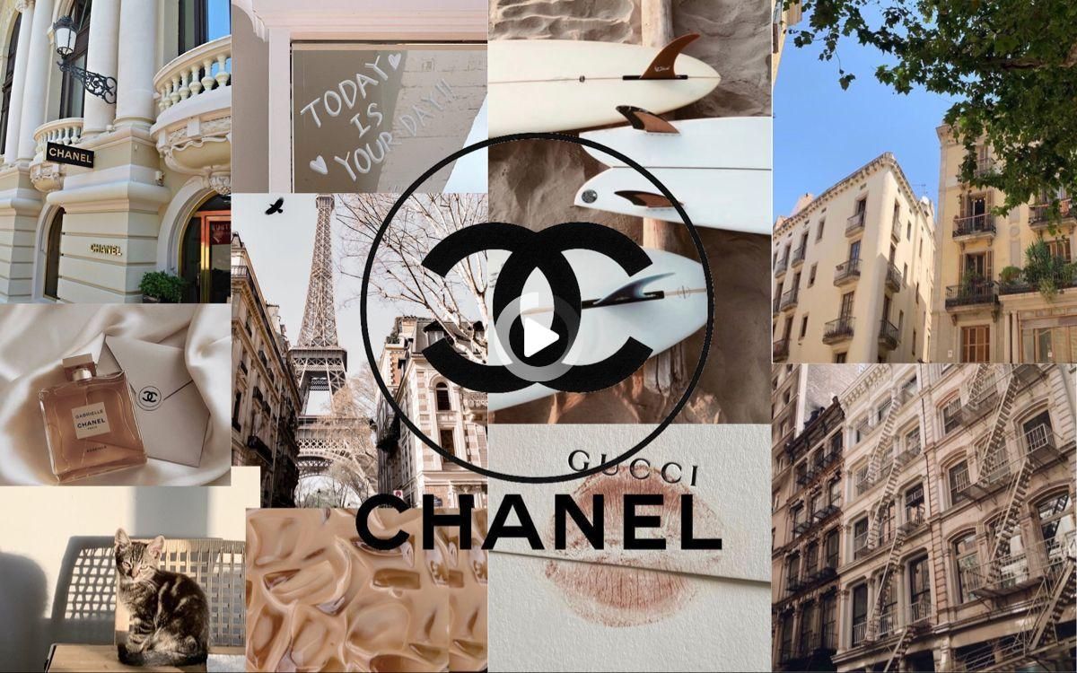 A collage of images including the Chanel logo, a cat, a lipstick mark, and a building. - Chanel