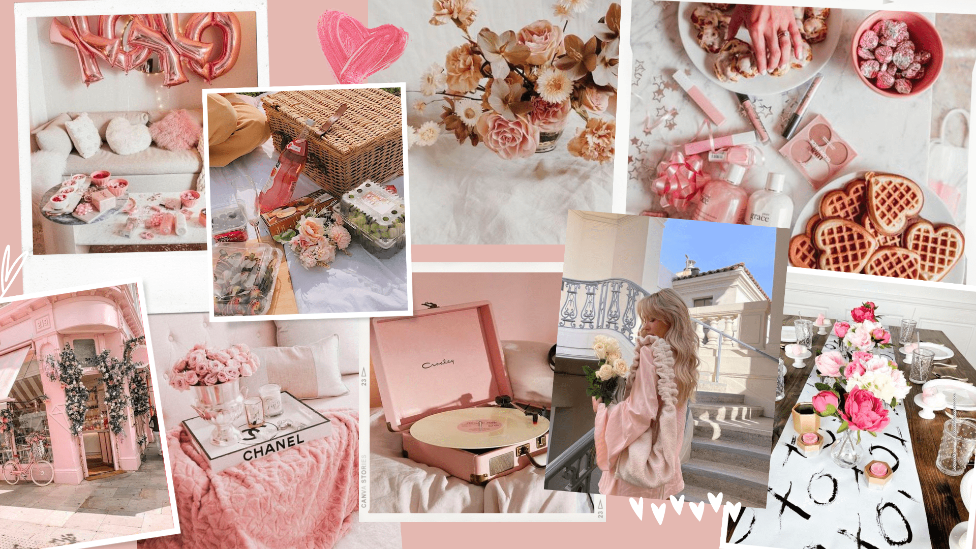 A collage of pictures with pink and white decorations - Chanel, pink collage, February, collage