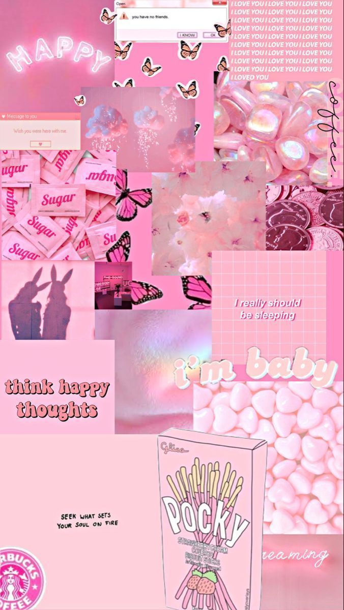 Aesthetic pink collage background with butterflies, candy, and text. - Pink, cute pink