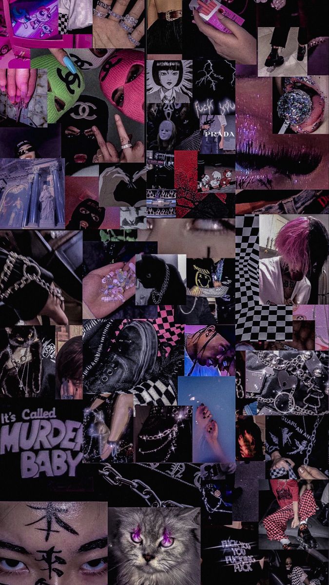 Aesthetic background of a bunch of different pictures of emo guys, pink and black, and pictures of tattoos - Grunge, emo
