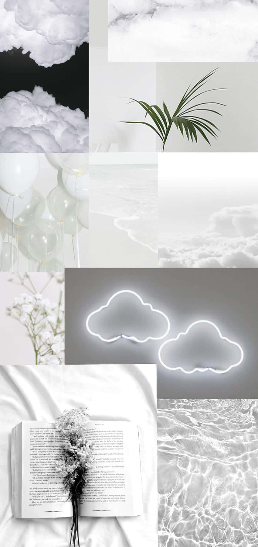 A collage of pictures with clouds and flowers - White