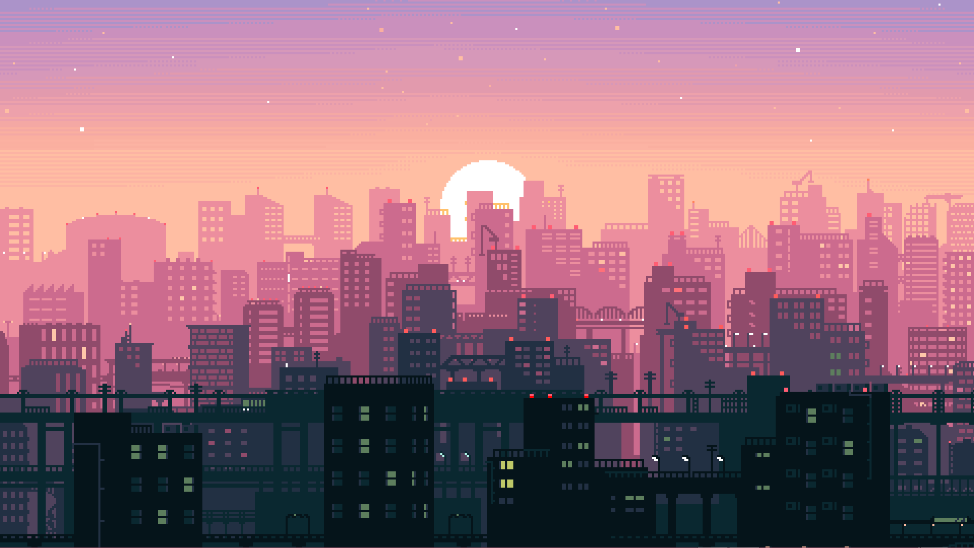 Pixel art cityscape with a sunset sky - Desktop