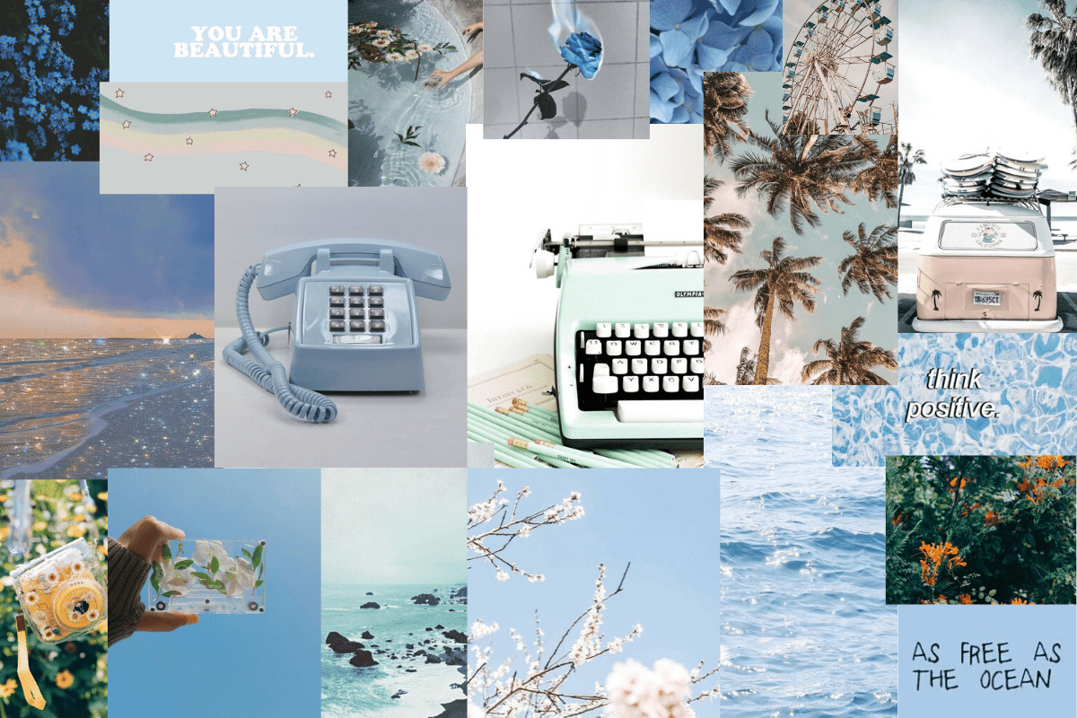 A collage of photos in blue and white, including a typewriter, a phone, and a beach. - Laptop