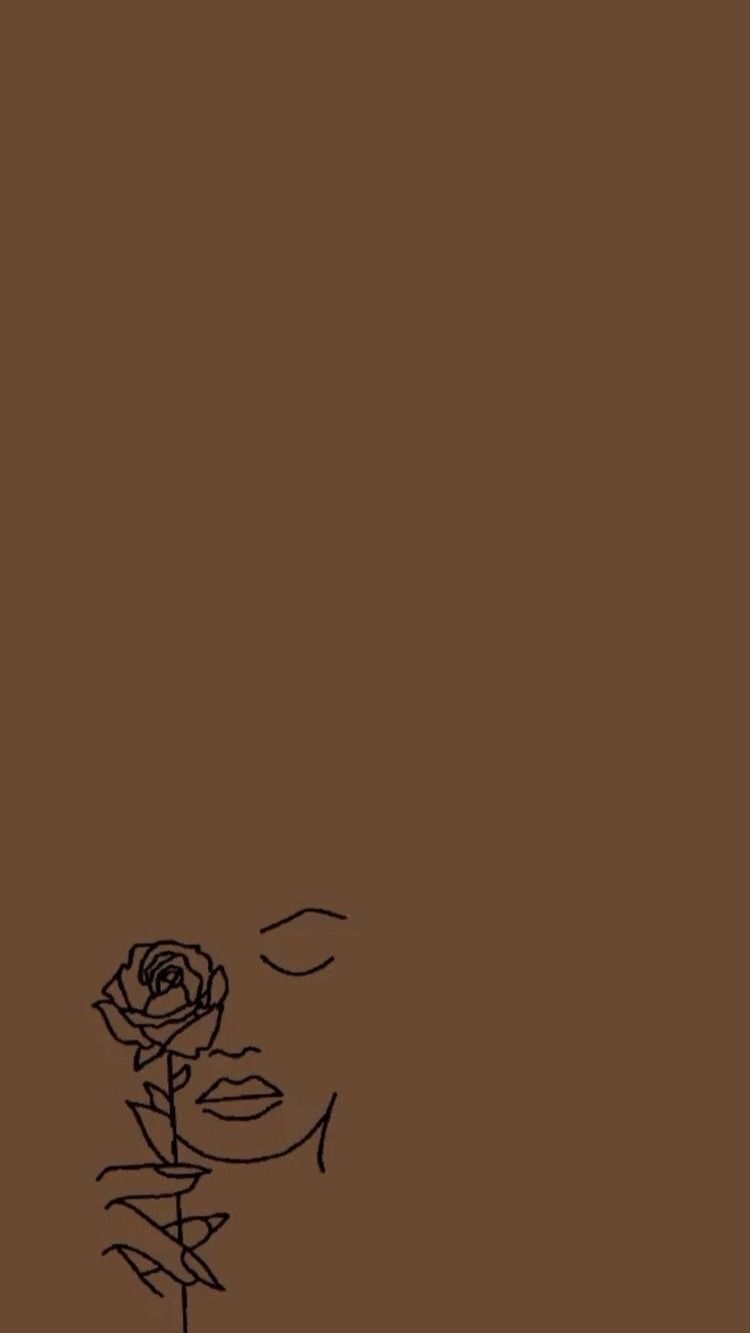 Aesthetic wallpaper with a brown background and a drawing of a girl smelling a rose - Brown