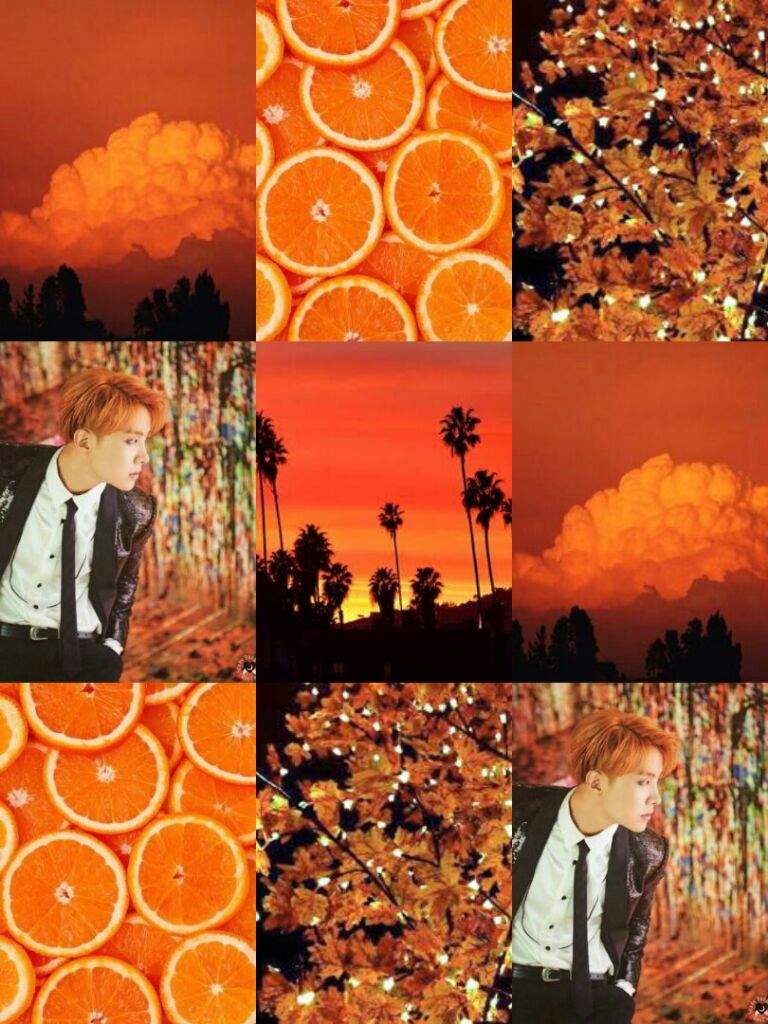 A collage of pictures with oranges and people - BTS