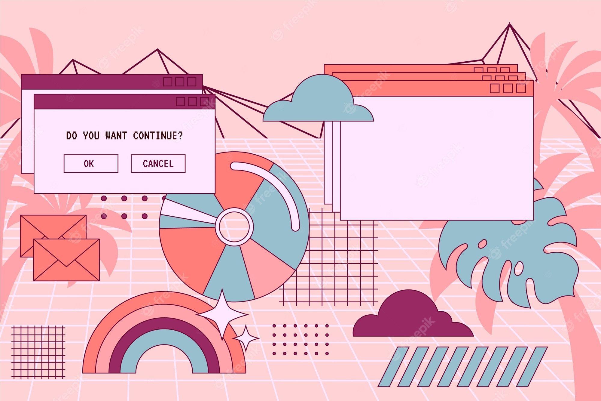An illustration of a pink background with colorful shapes and lines. - Vintage