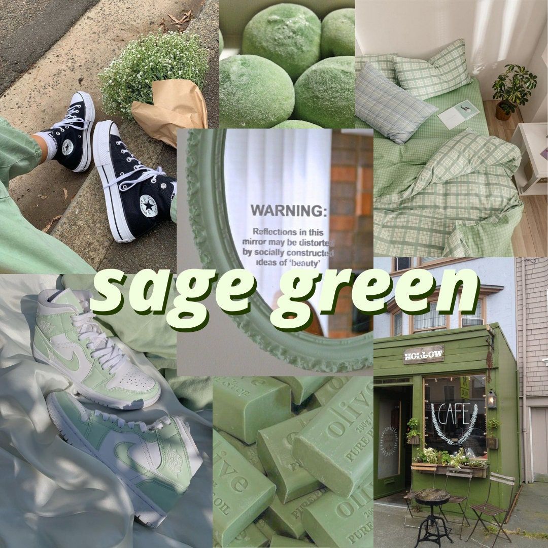 A collage of images with the words saga green - Sage green