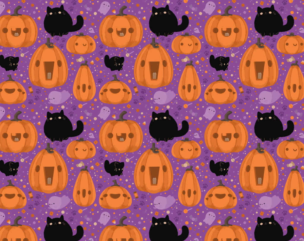 A pattern of cats and pumpkins on purple background - Cute Halloween, Halloween, spooky