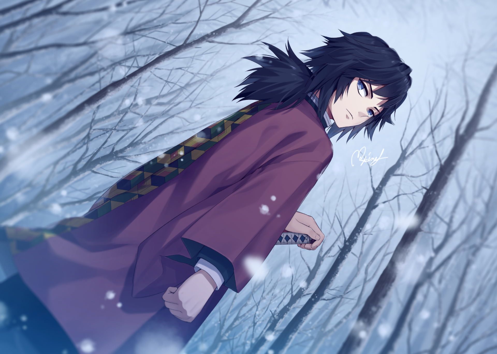 An anime character with a sword in a snowy forest - Demon Slayer