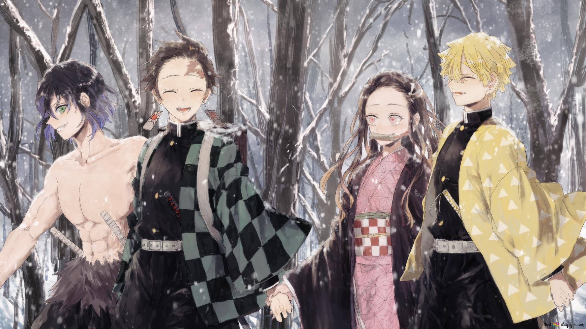 A group of anime characters in the snow - Demon Slayer