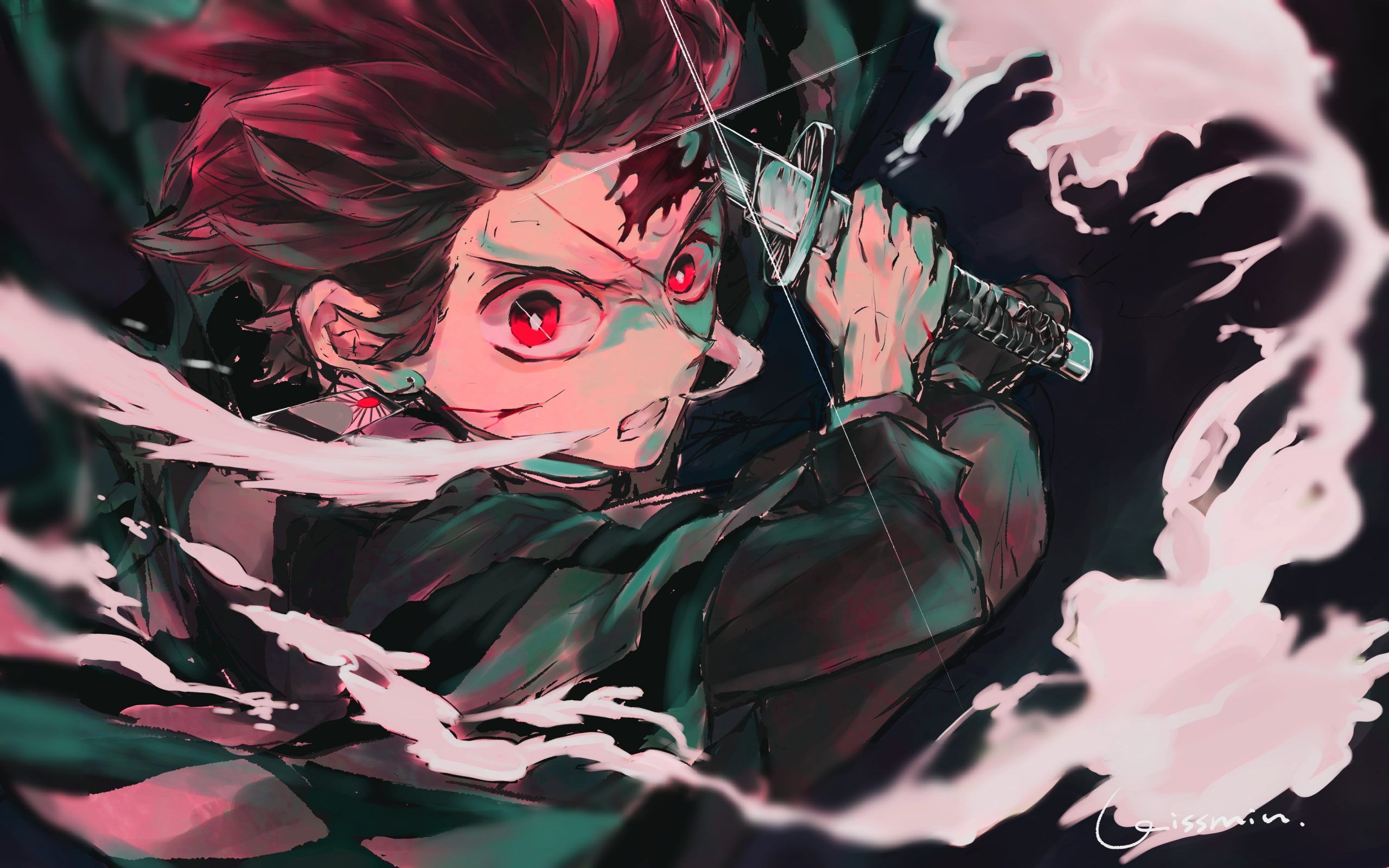 A fanart of Tanjiro from Demon Slayer with his sword and his flames - Demon Slayer