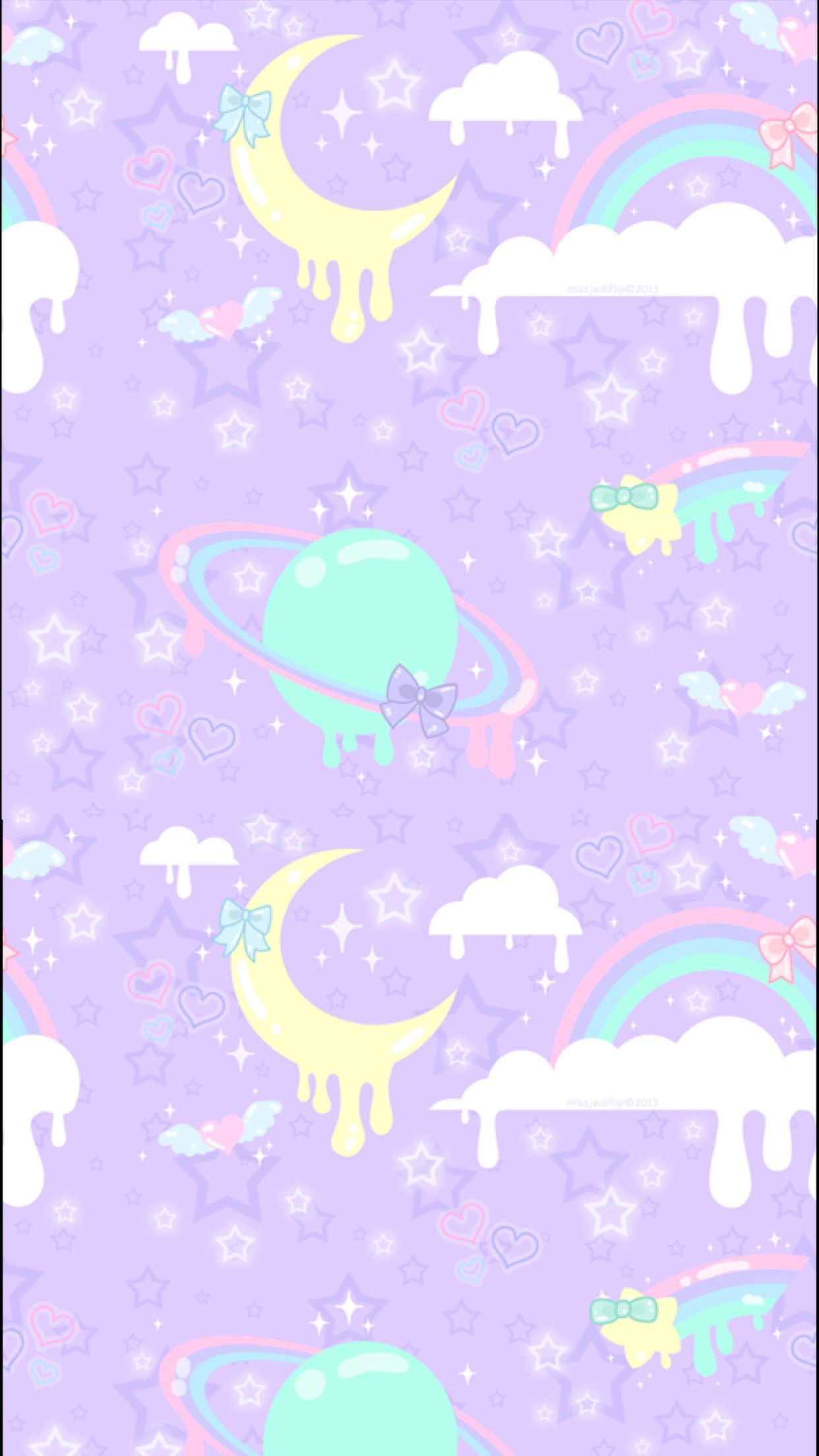 Aesthetic wallpaper with stars, clouds, and planets - Kawaii