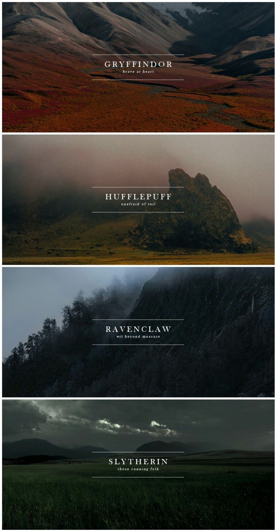 A series of pictures with different landscapes - Harry Potter, Ravenclaw, Hogwarts, Hufflepuff