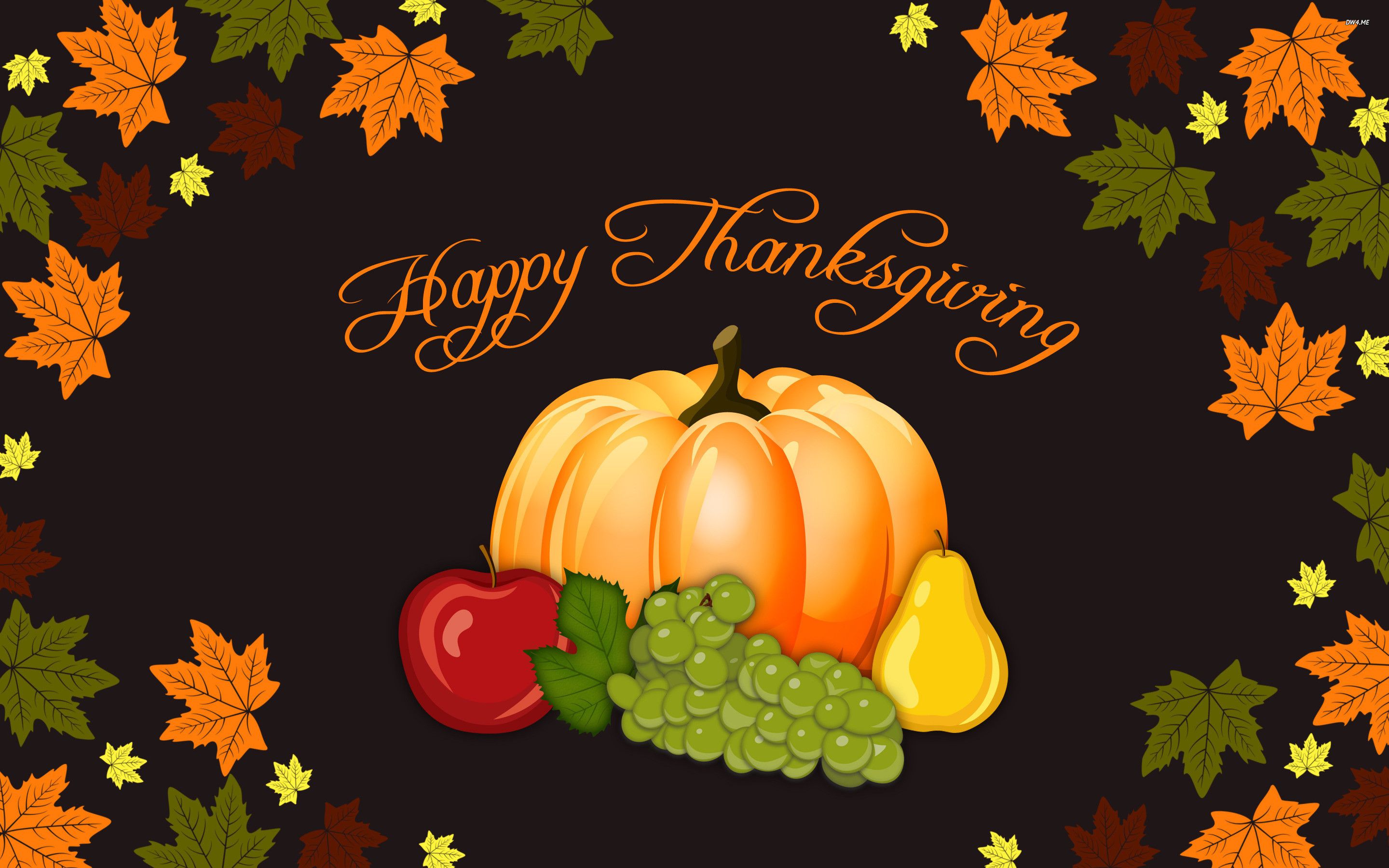 A happy thanksgiving wallpaper with a pumpkin, apples, pears and grapes. - Thanksgiving