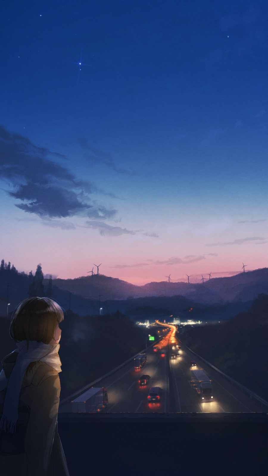 A woman standing on a bridge looking at the city below - Sunset, travel, road