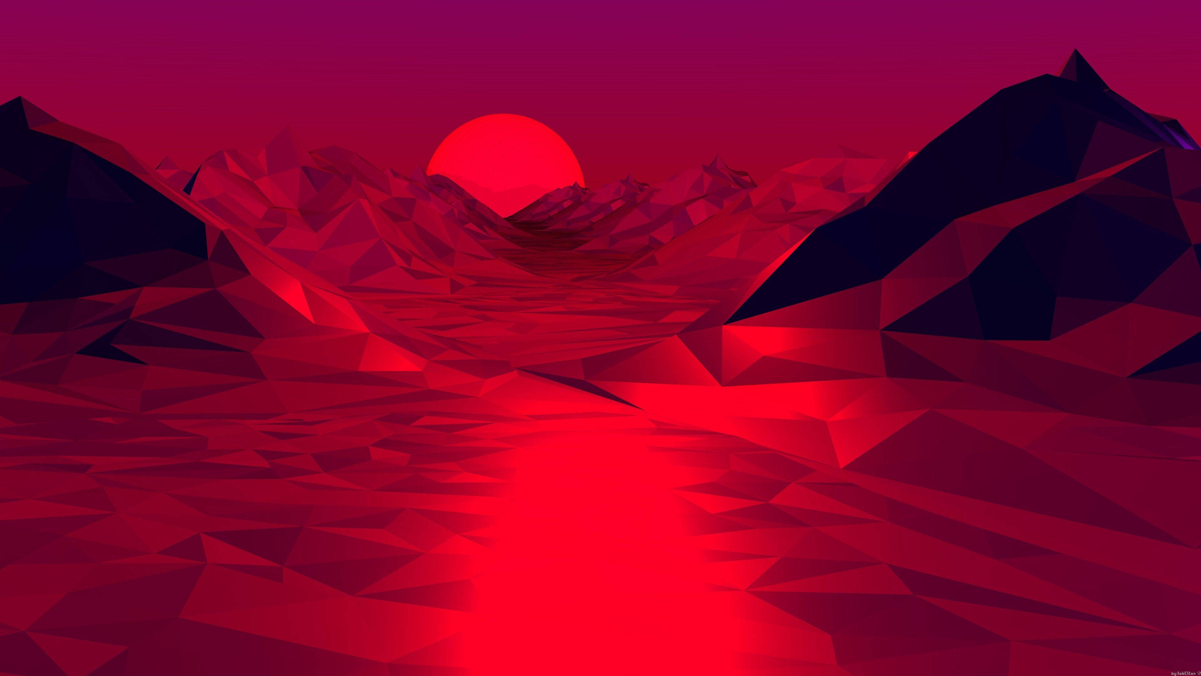 Red sunset in the mountains wallpaper 2560x1440 - Vaporwave