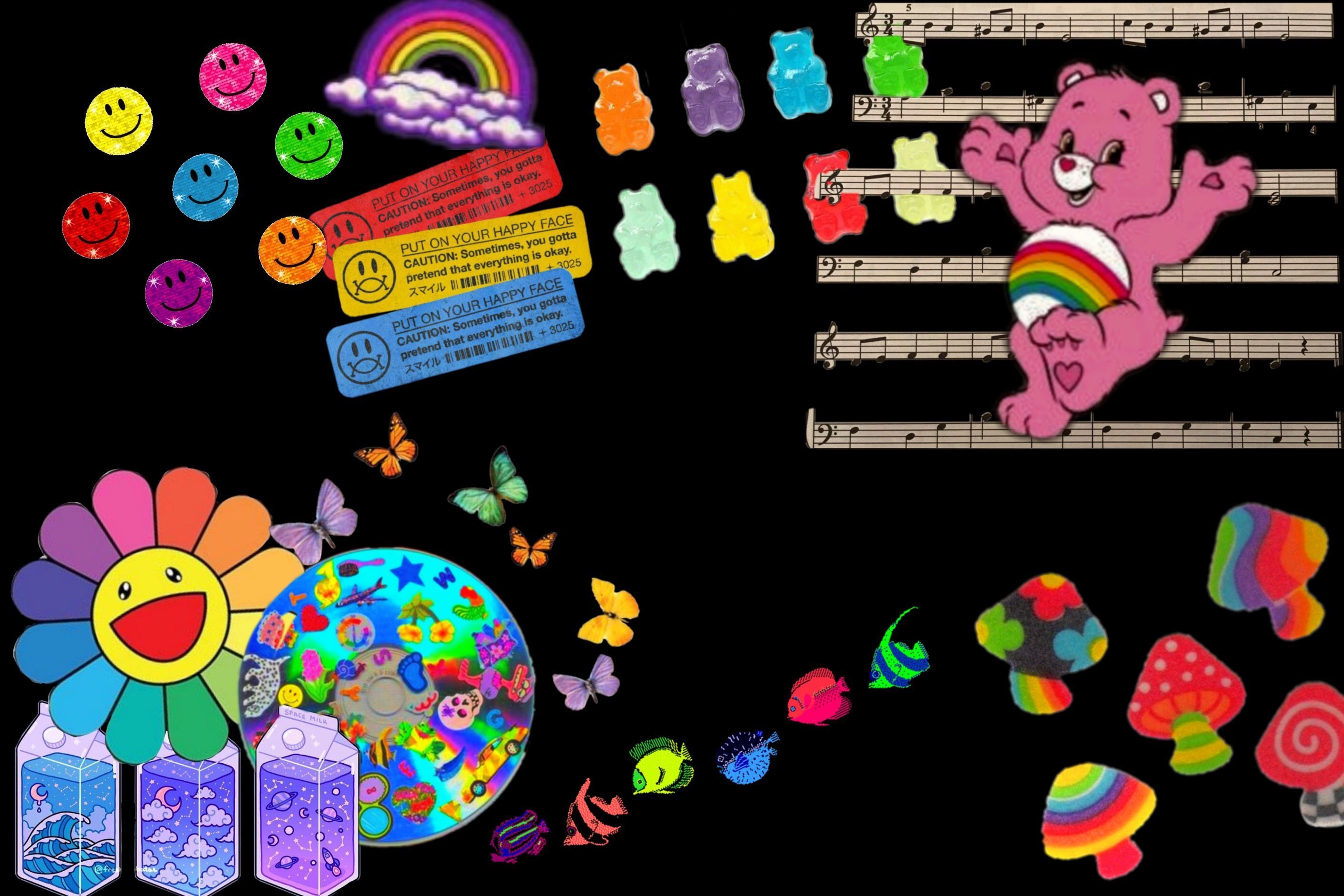 A collage of images including Care Bears, butterflies, music notes, and a CD. - Indie