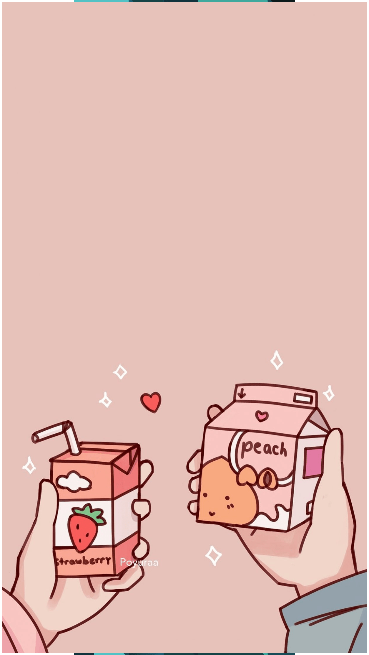 Aesthetic phone background of a person holding a strawberry milk carton and peach toast - Food