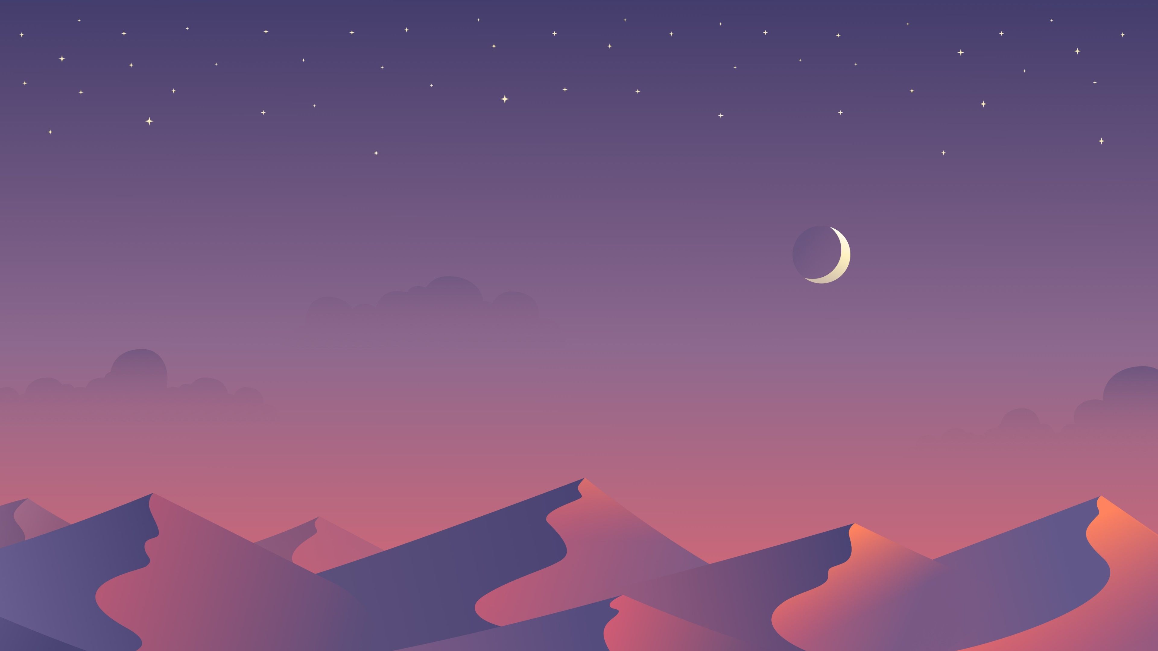 A desert landscape at night with a crescent moon and stars in the sky - Moon, night, desert
