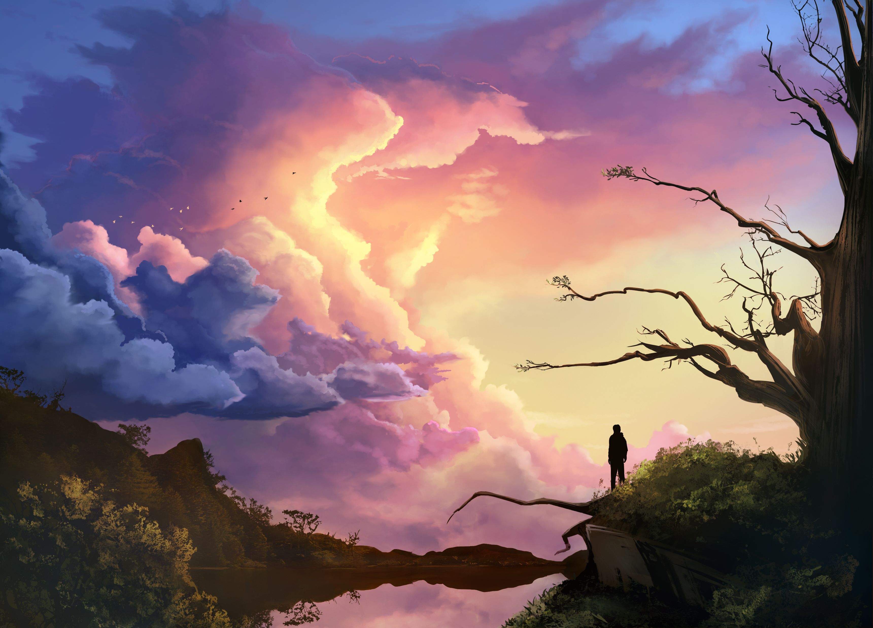 Digital Art Sunset Nature Sky Colorful Sunrise Clouds Wallpaper:3441x2475
