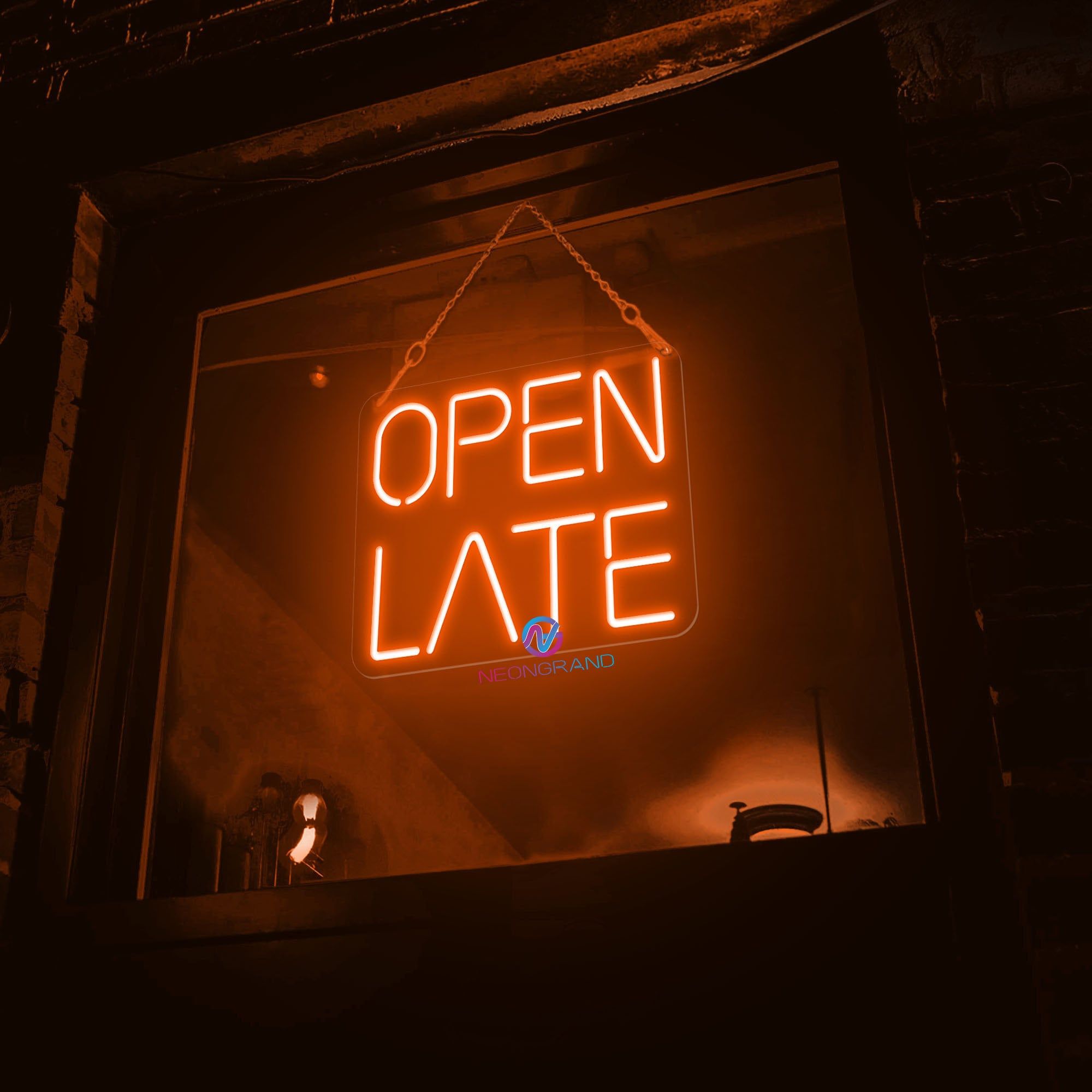 A neon sign that says open late - Neon orange
