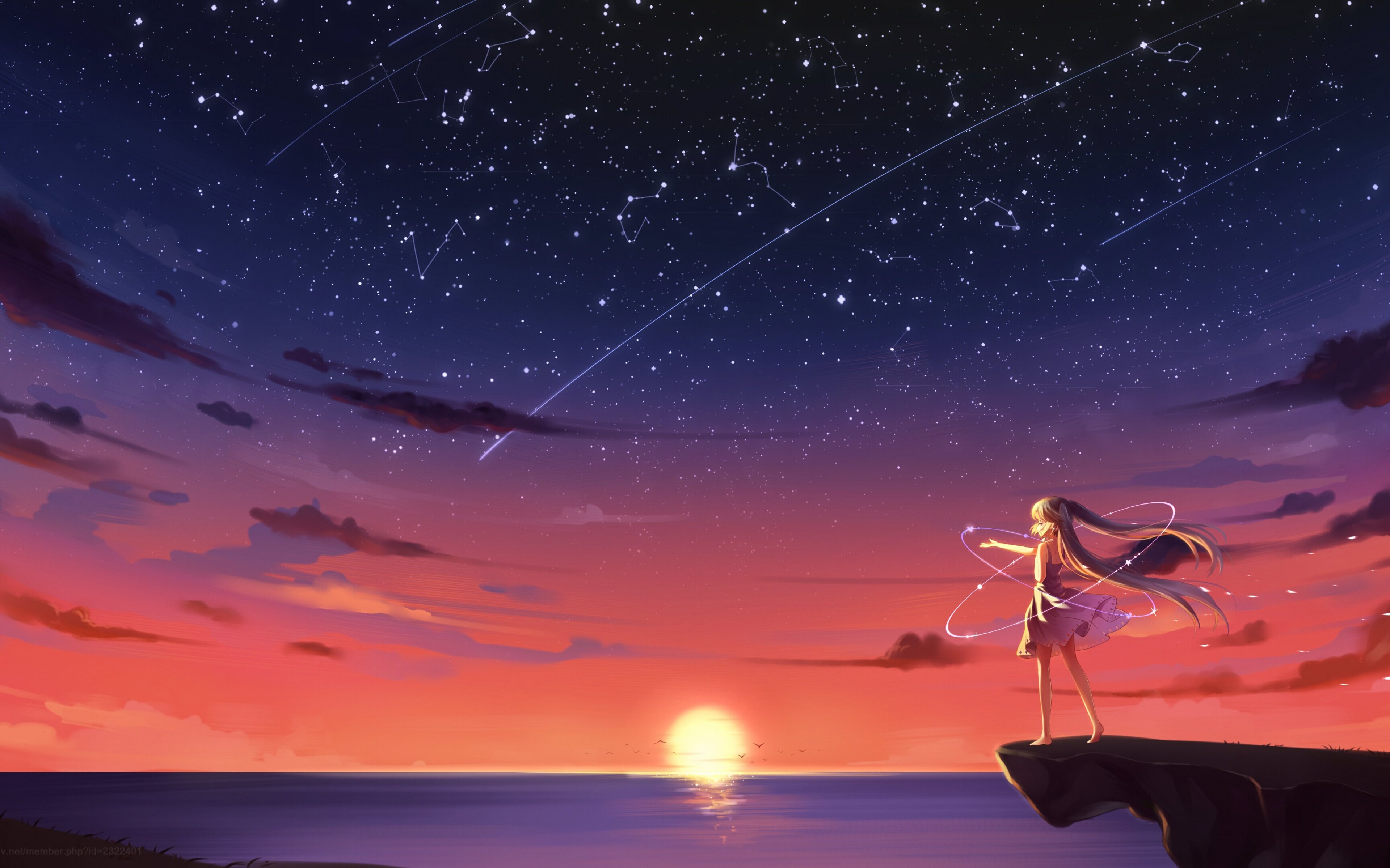 Anime girl standing on a cliff looking at the stars - Sunset, laptop, anime sunset