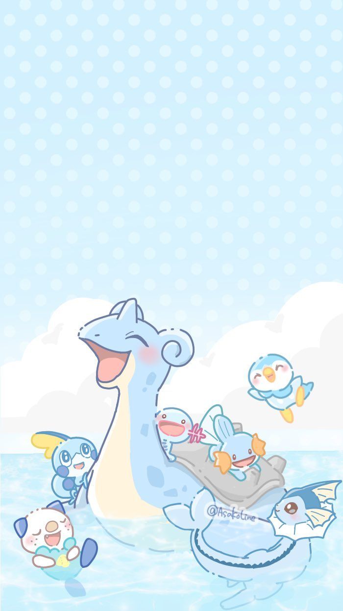 Cute baby dragon, with a blue tail, surrounded by other baby pokemons, cute backgrounds, blue background with white polka dots - Pokemon