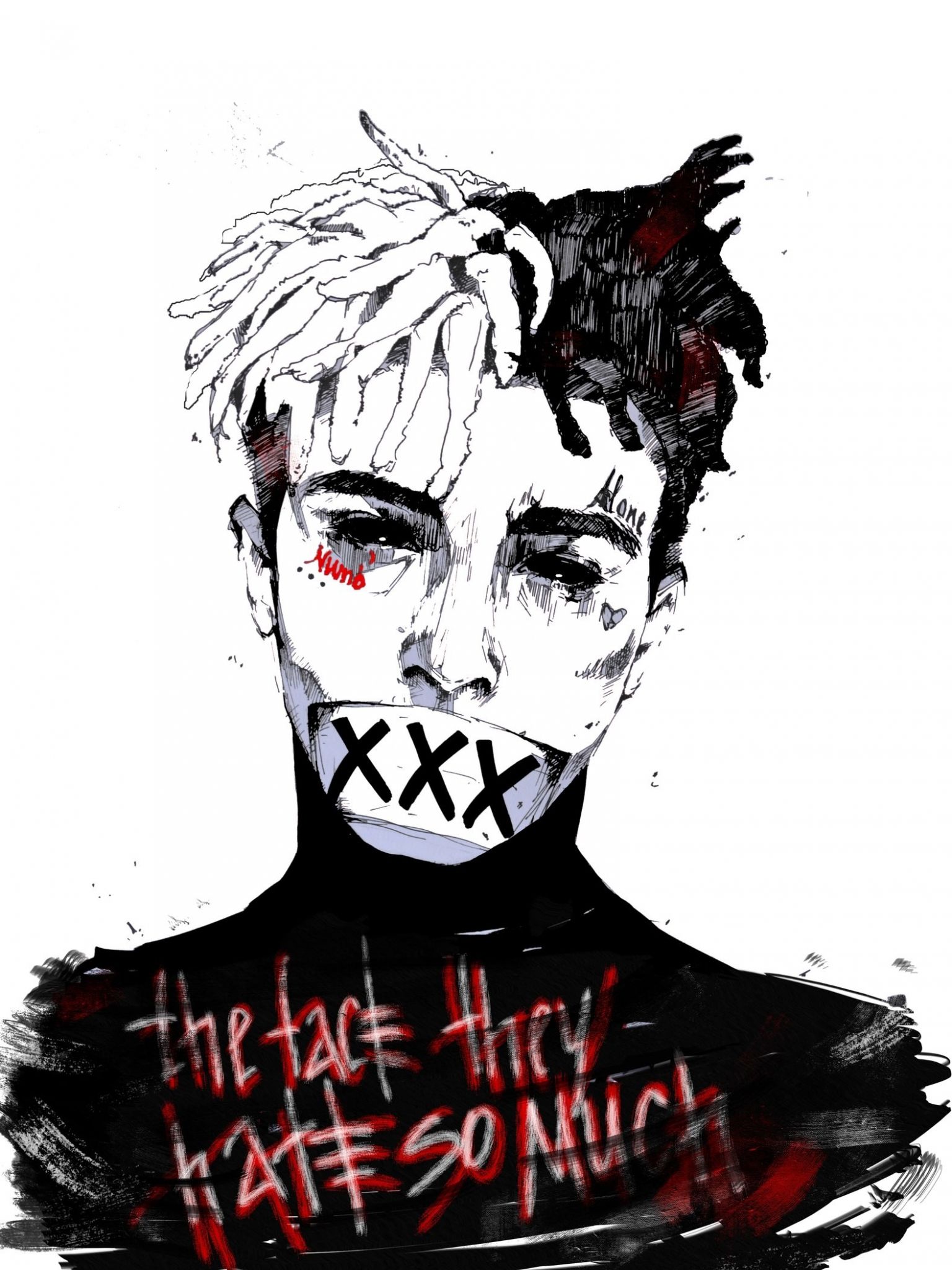 The image is an illustration of XXXTentacion with his mouth taped over with the word XXX. - XXXTentacion