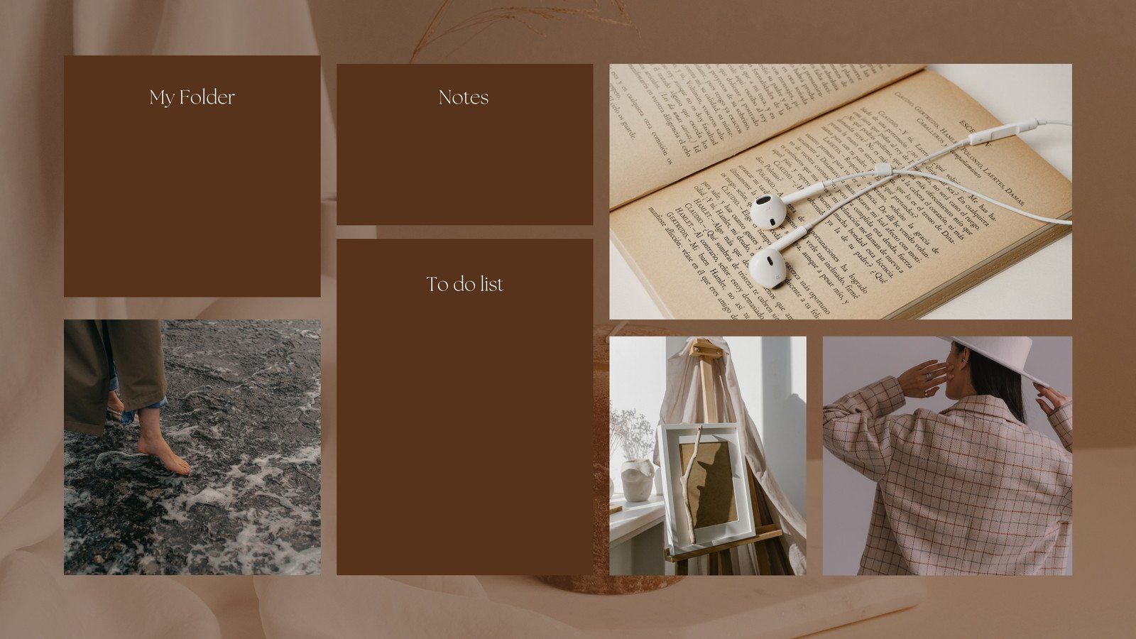 A collage of pictures with different items - Brown, beige, light brown