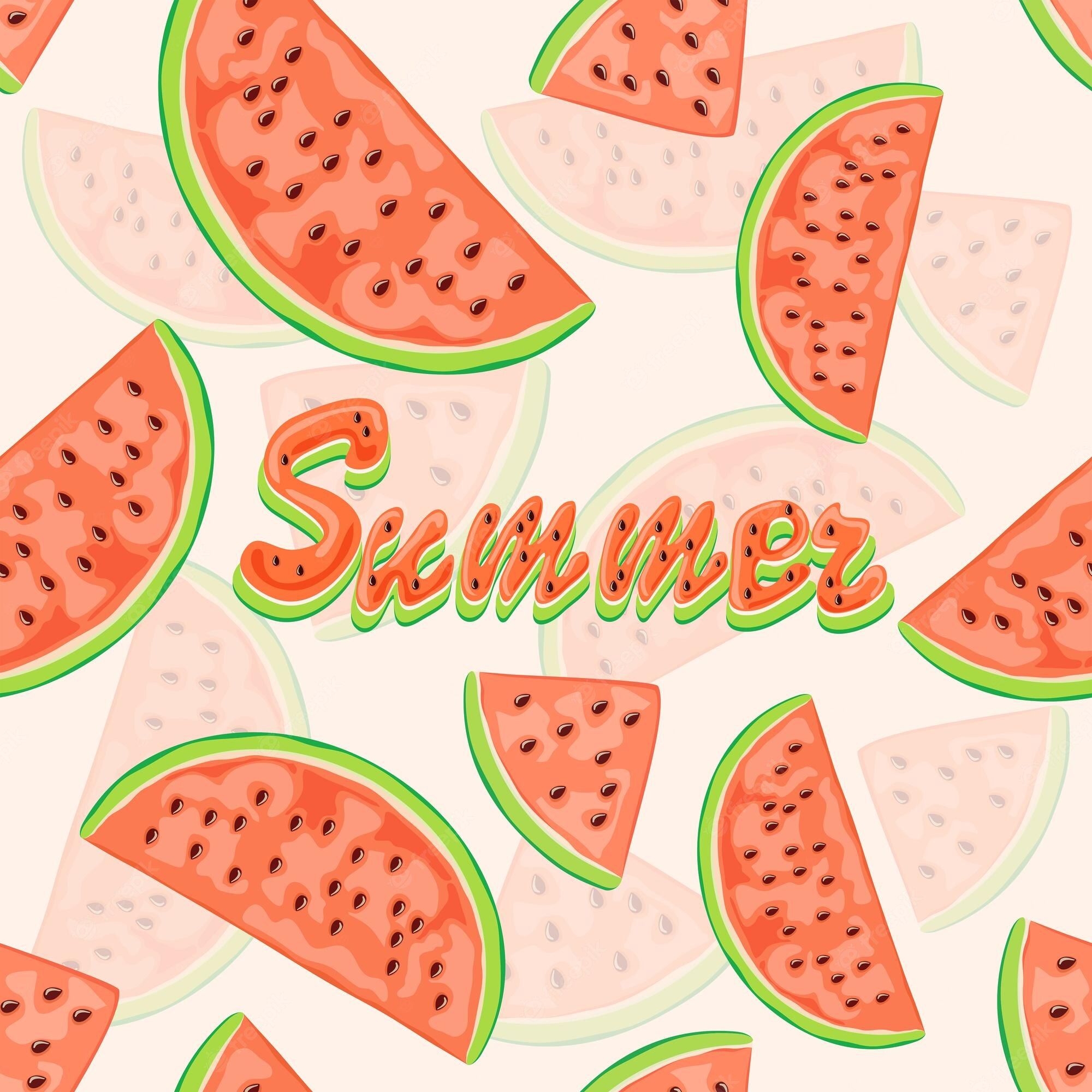 Premium Vector. Seamless background with red juicy watermelon slices and lettering summer wallpaper with ripe fruit on white background illustration
