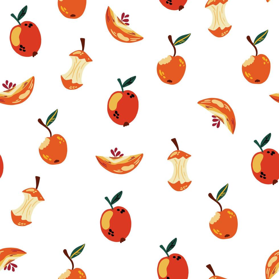 Apple seamless pattern. Fresh Fruits, food, healthy food concept. Half an apple and bones. Good for textile, wrapping, wallpaper. Sweet red ripe apple. Vector illustration