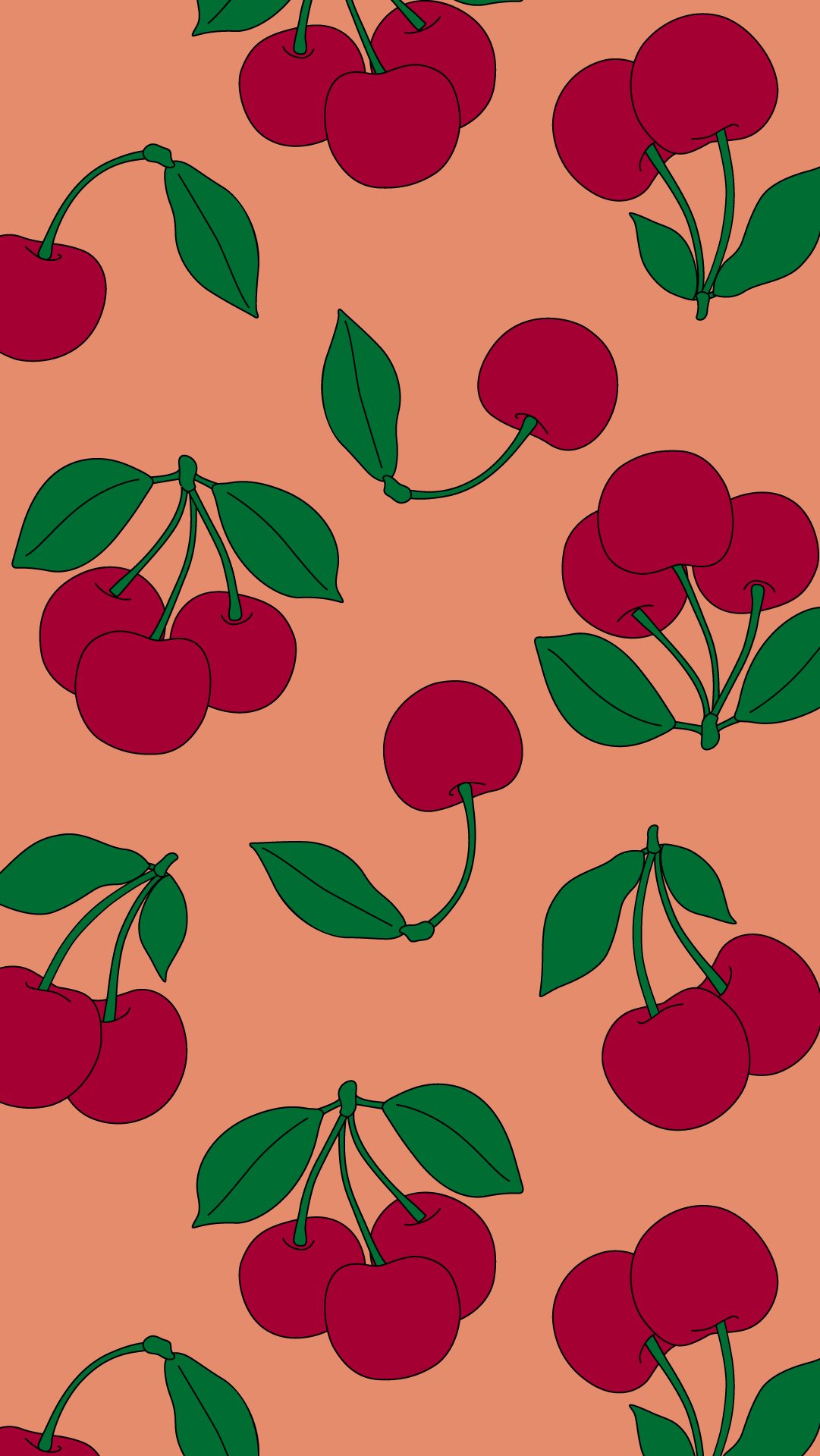 A phone wallpaper with a pattern of red cherries on a pink background - Fruit, strawberry