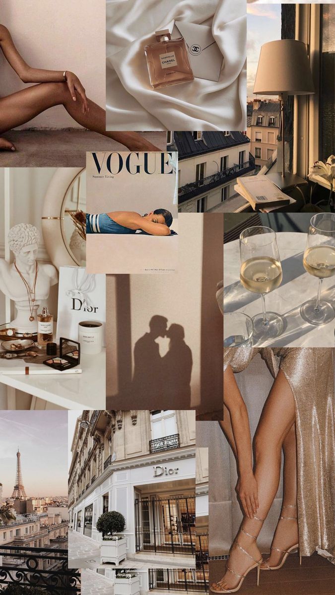 A collage of photos including a woman's legs, a magazine, a glass of wine, and a cityscape. - Dior