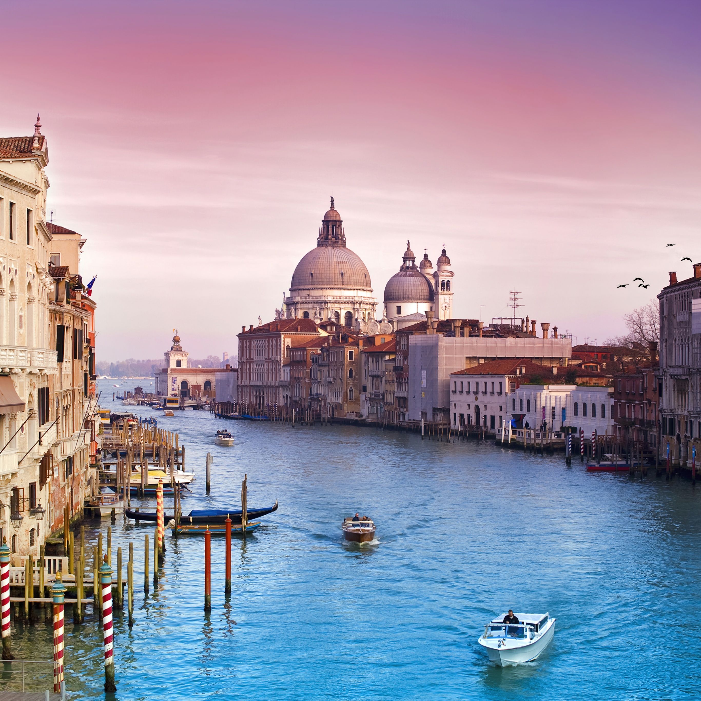 Boats on the water in a city with a pink sky - Italy