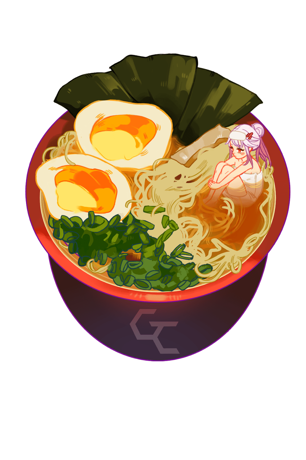 A bowl of noodles with an egg and vegetables - Ramen