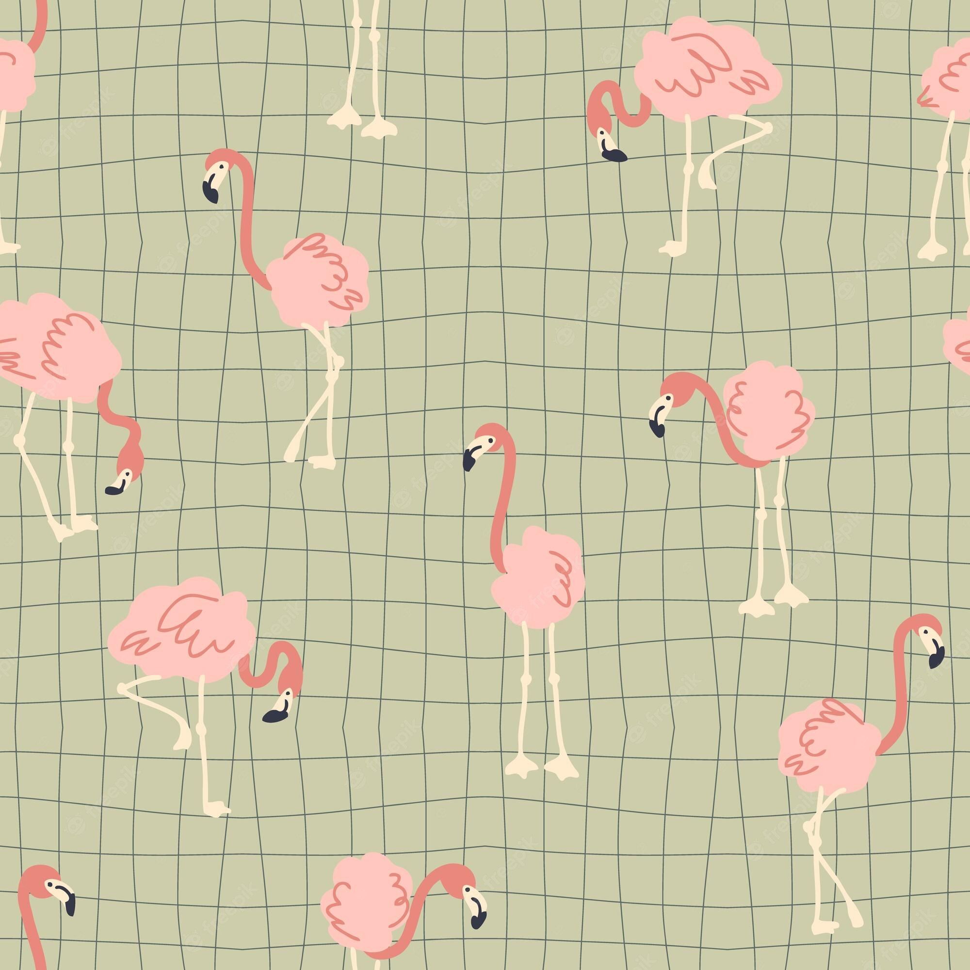 Premium Vector. Groovy seamless pattern with flamingo on grid distorted background hippie aesthetic print for fabric paper tshirt doodle vector illustration for decor and design