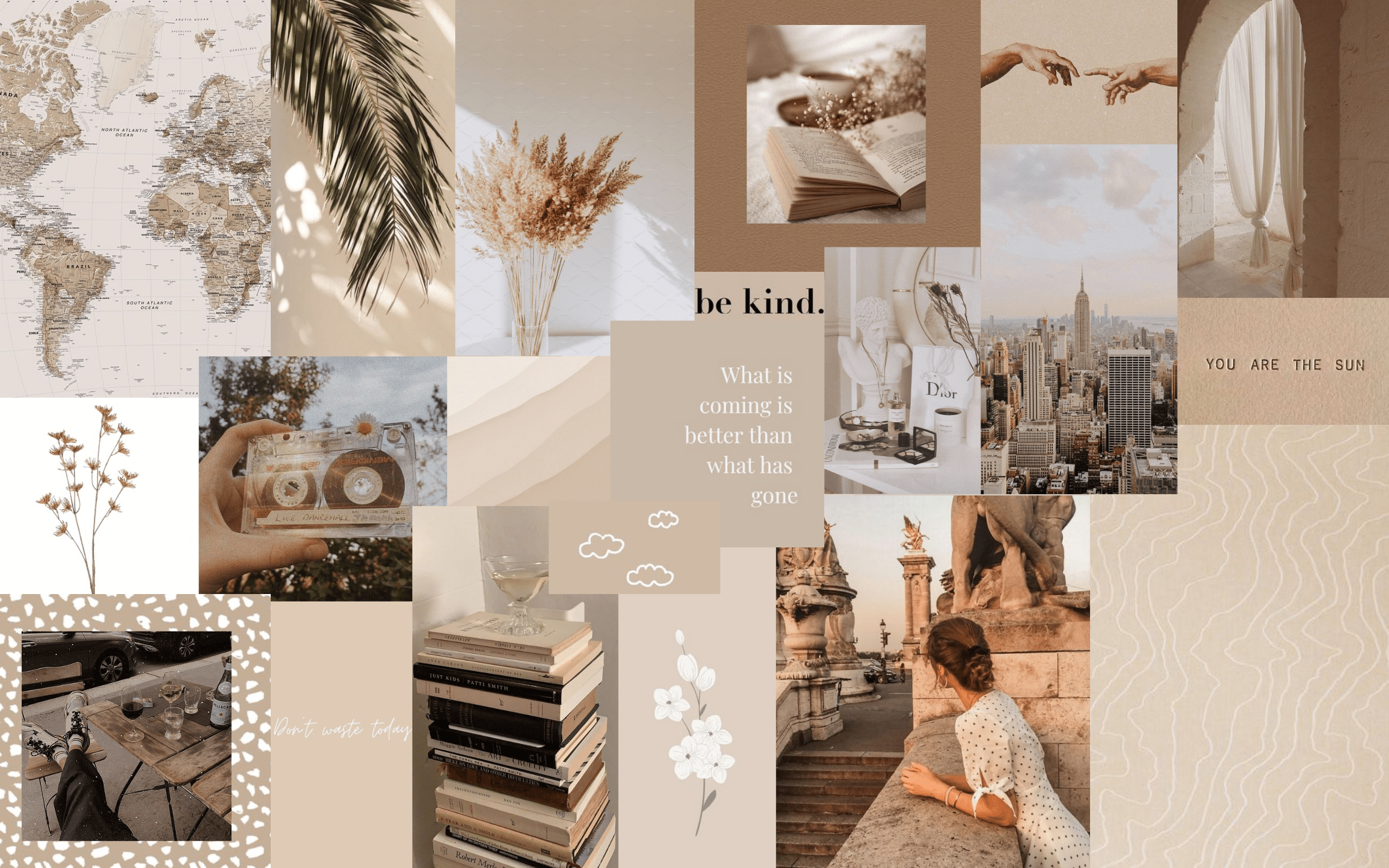 Collage of beige and brown images including books, a camera, a cityscape, and a quote that says 