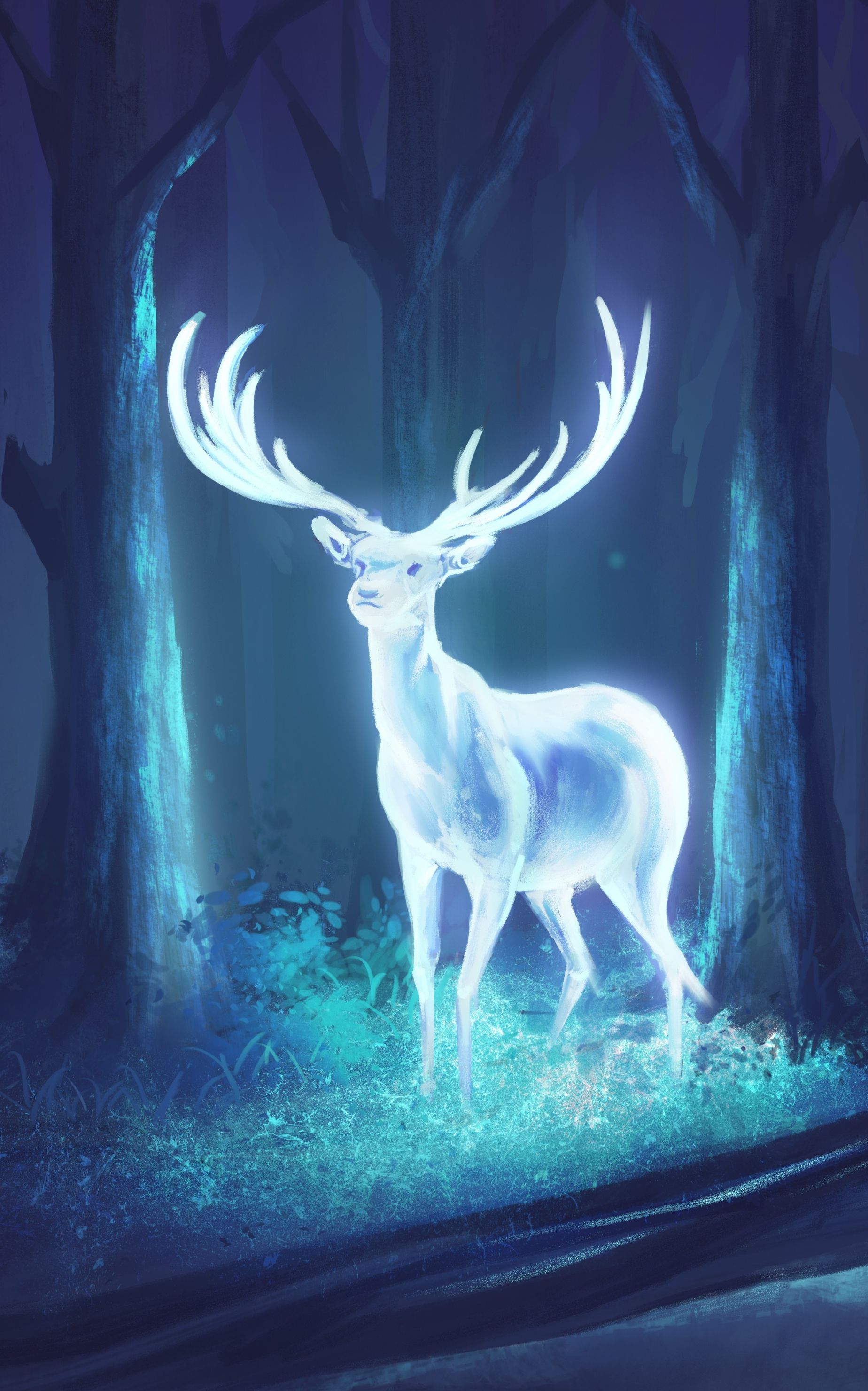 A white stag with antlers stands in a forest - Deer