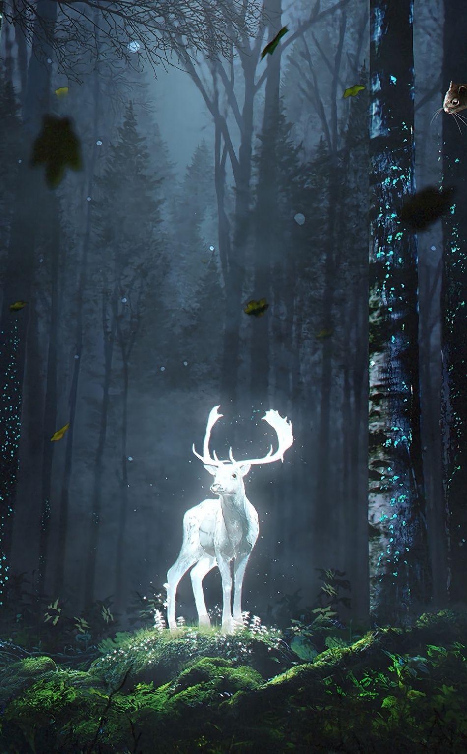 A deer with large antlers stands in a forest with glowing moss and falling leaves. The image is related to fantasy art, creatures, and mystical forests. - Deer