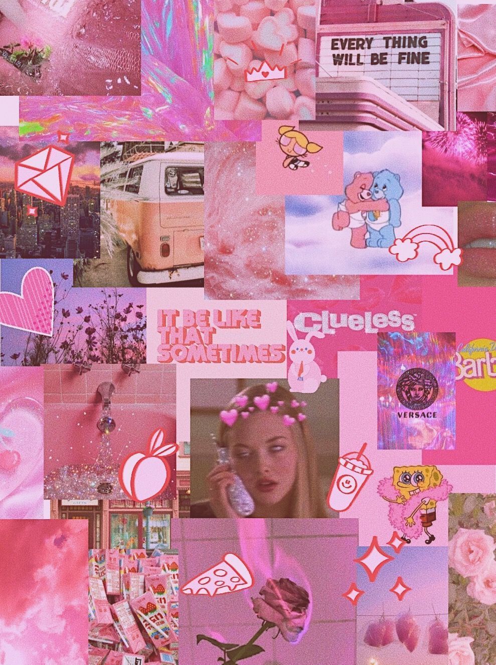 Aesthetic collage of pink images, including a van, a girl, and text. - Pink, pink phone, phone