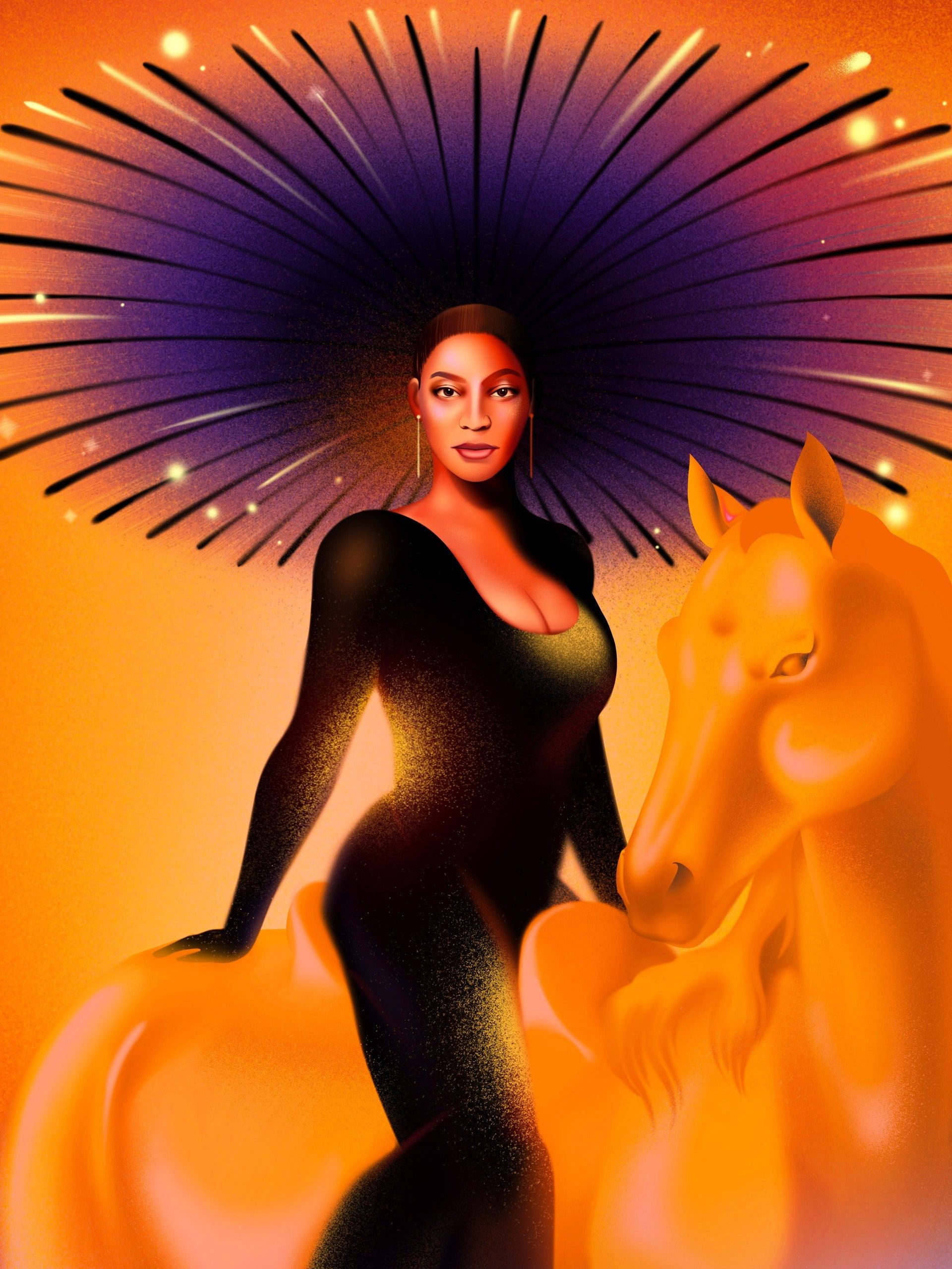 An illustration of Beyoncé, in a black leotard, sitting on a horse. - Beyonce