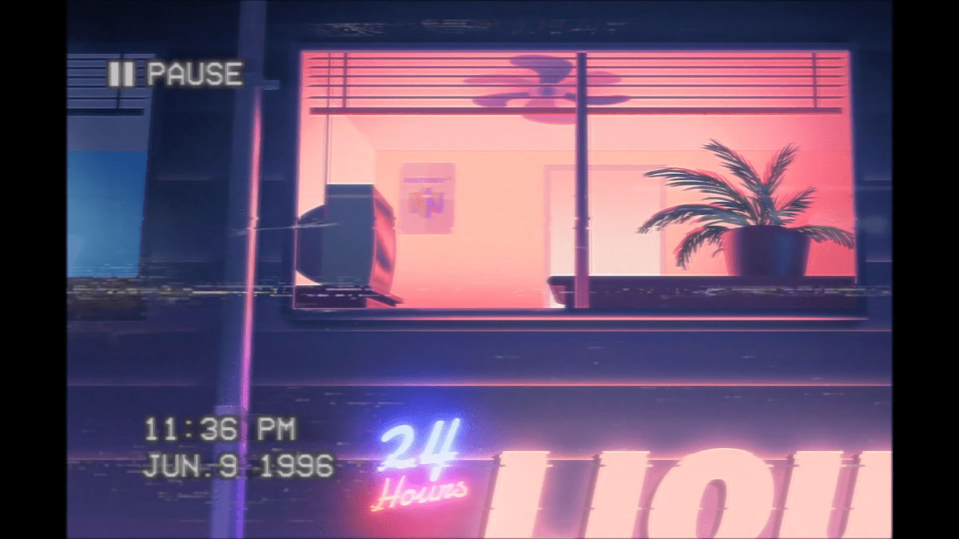 A neon sign that is lit up at night - VHS