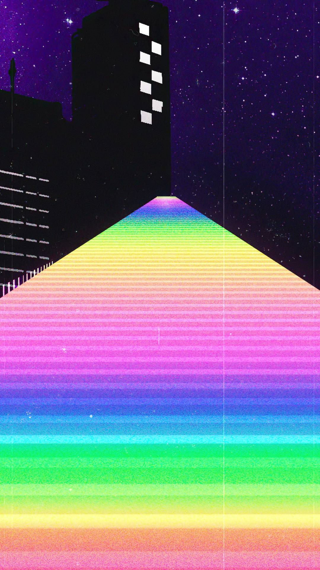 Aesthetic phone wallpaper with rainbow stairs and a city - VHS