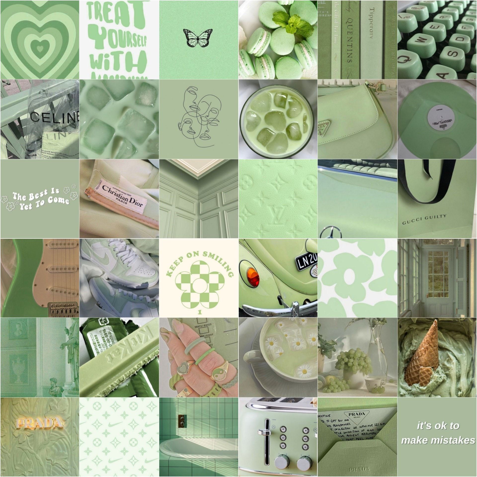 A collage of pictures with green backgrounds - Green, sage green, Dior, collage, Gucci