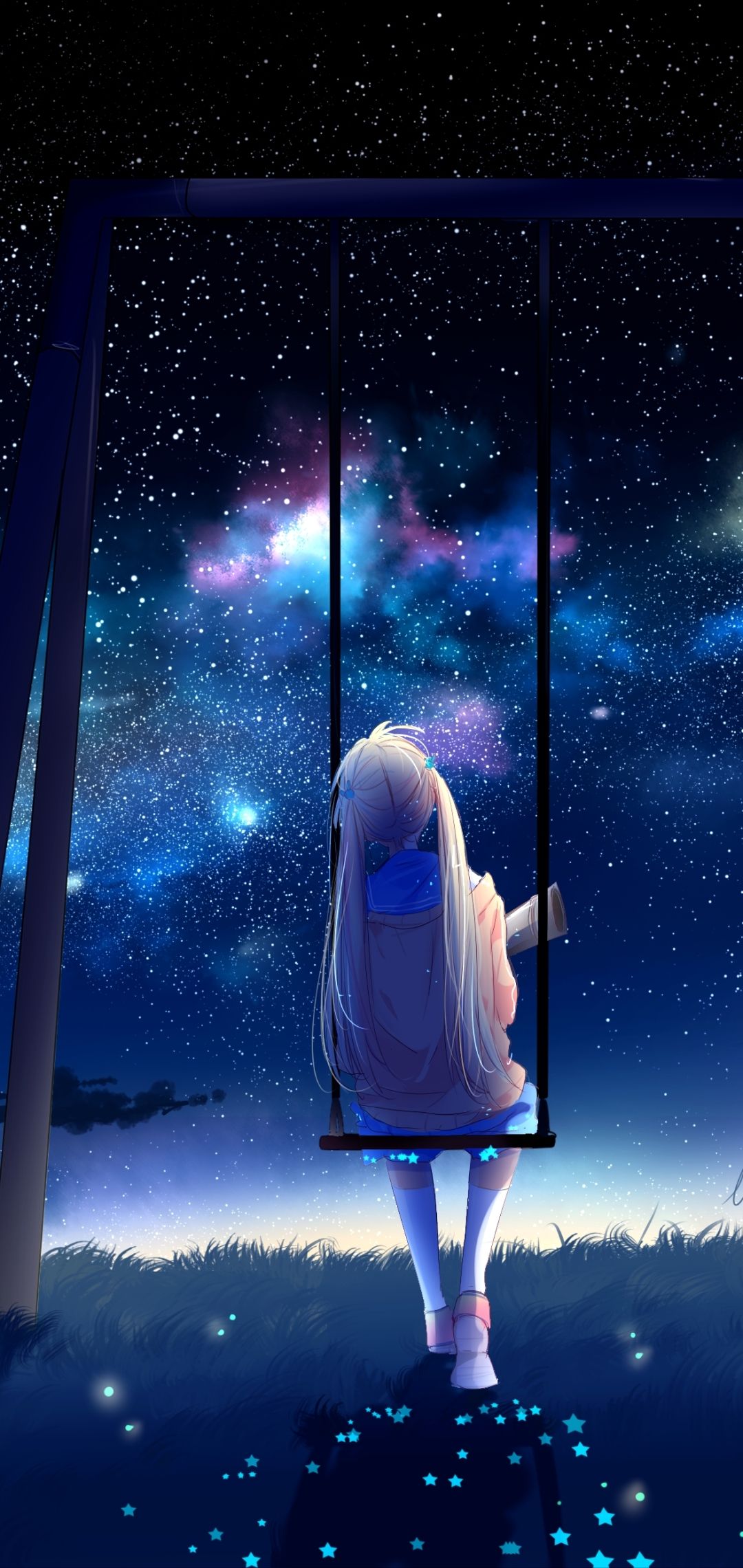 Anime girl on a swing in the night sky - Calming